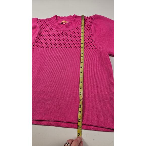 THML sz S pink puff statement blouse see through net accents NWOT bright fun - Picture 8 of 9